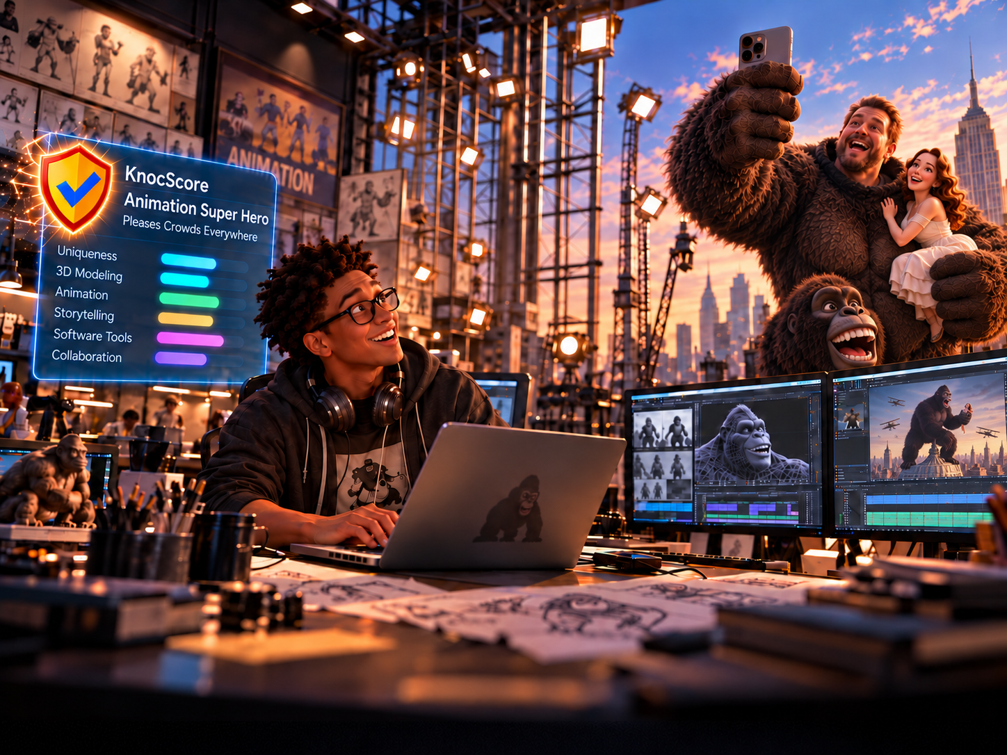 An animator at his desk with a glowing KnocScore card floating beside him, editing monitors behind, and a giant gorilla taking a selfie over the city skyline.