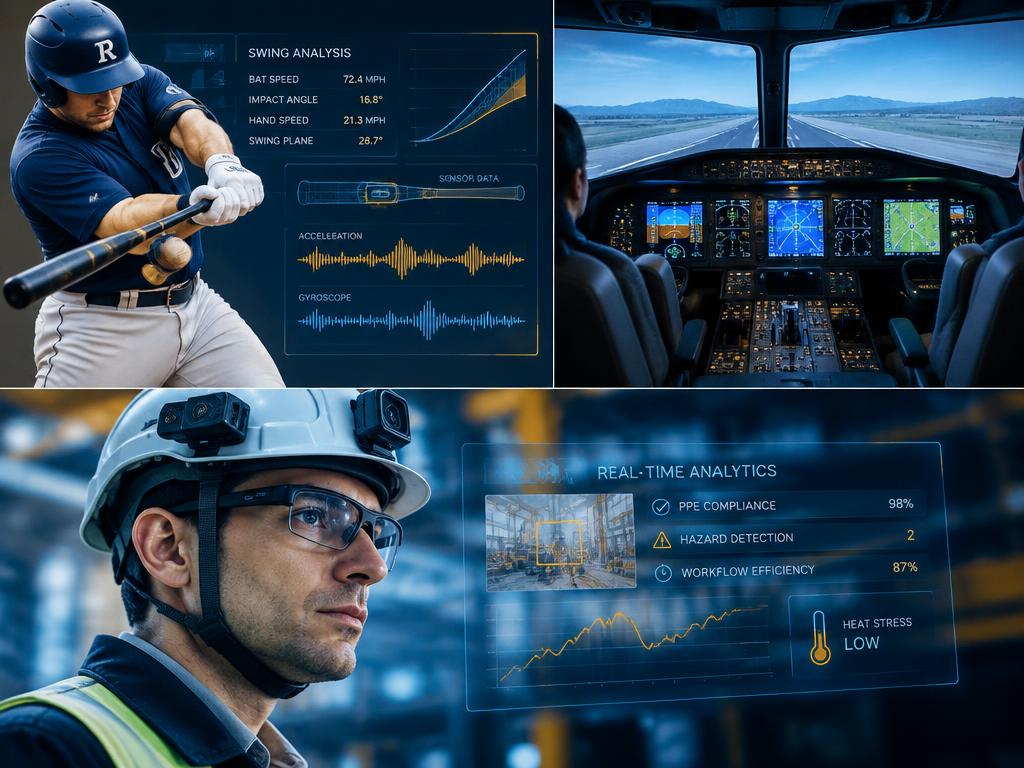 Instrumented hardware: sensor bat, flight simulator, helmet camera