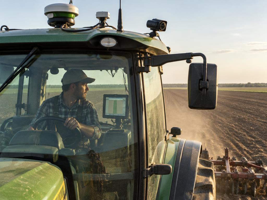 Farmer driving a tractor across a tilled field