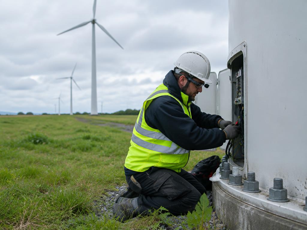 Electrician wearing camera-integrated glasses working on a wind turbine at a wind farm